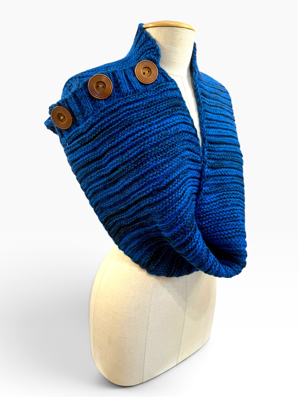 Stylish & Versitile Cobalt Blue Chunky Knit Infinity Scarf/Wrap 3 Button Detail